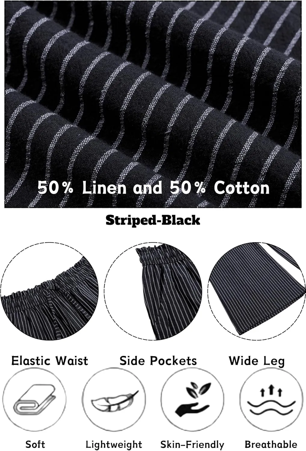 LNX Womens Linen Pants High Waisted Wide Leg Drawstring Casual Loose Trousers with Pockets