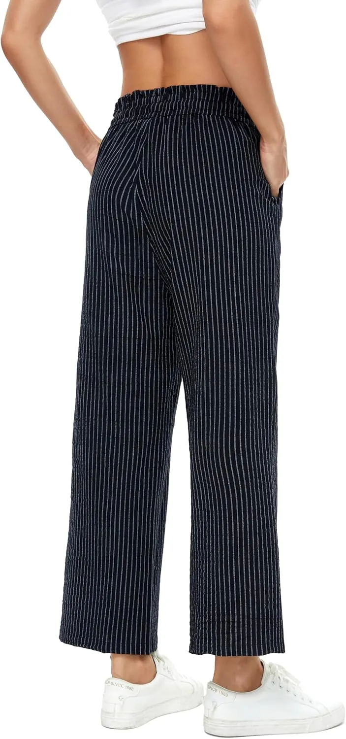 LNX Womens Linen Pants High Waisted Wide Leg Drawstring Casual Loose Trousers with Pockets