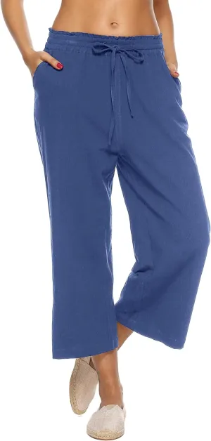 LNX Womens Linen Pants High Waisted Wide Leg Drawstring Casual Loose Trousers with Pockets