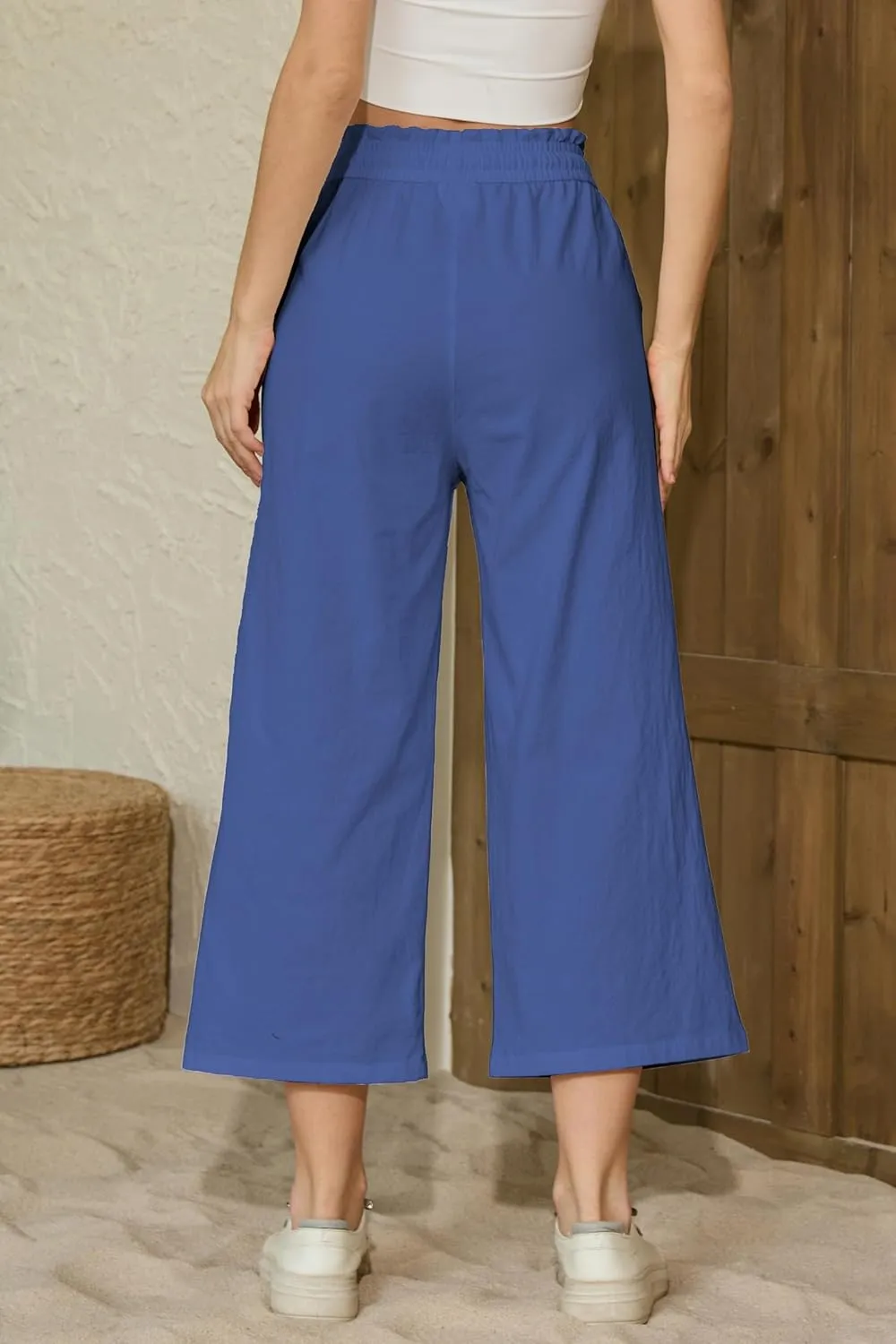 LNX Womens Linen Pants High Waisted Wide Leg Drawstring Casual Loose Trousers with Pockets