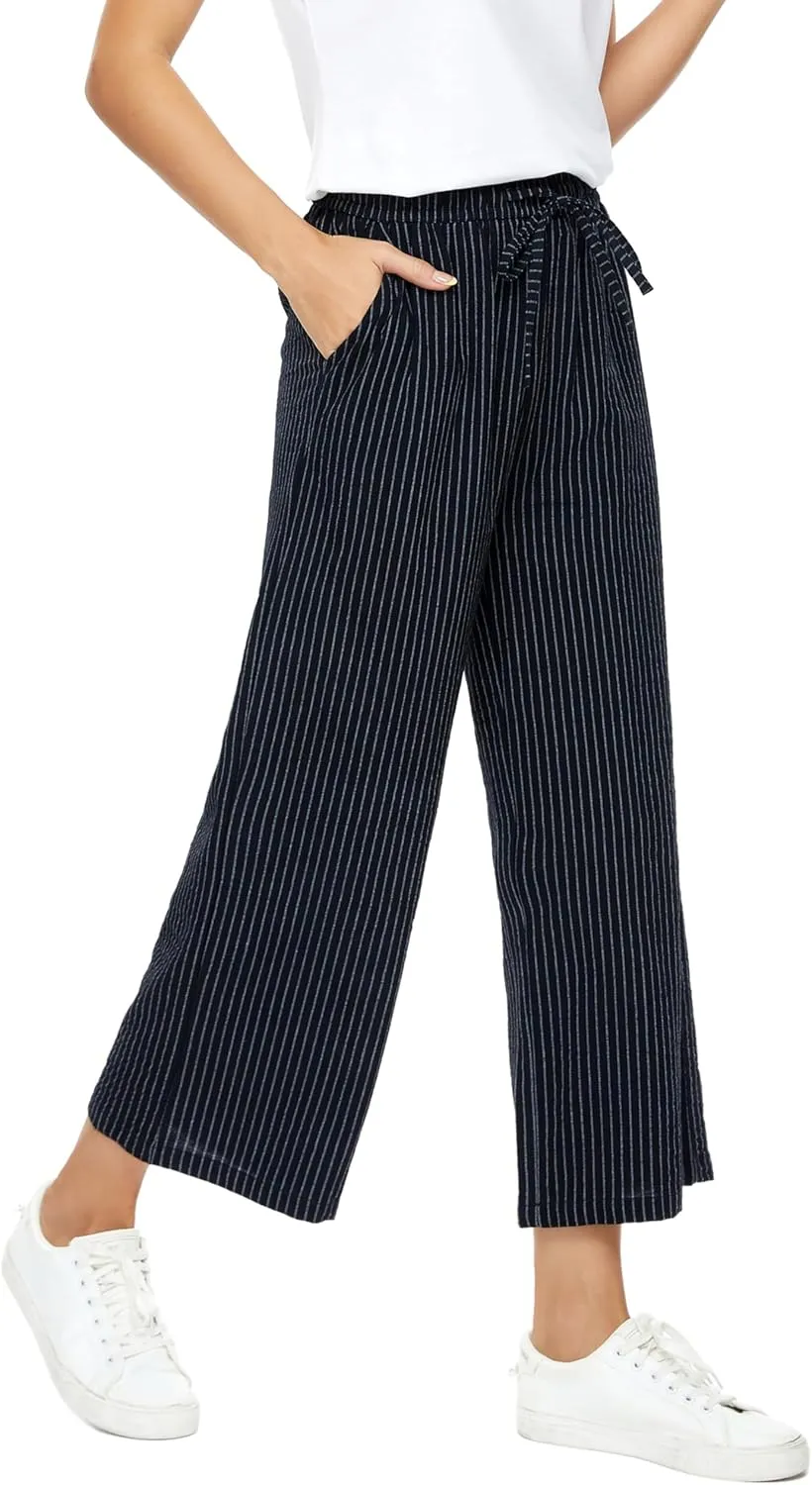 LNX Womens Linen Pants High Waisted Wide Leg Drawstring Casual Loose Trousers with Pockets
