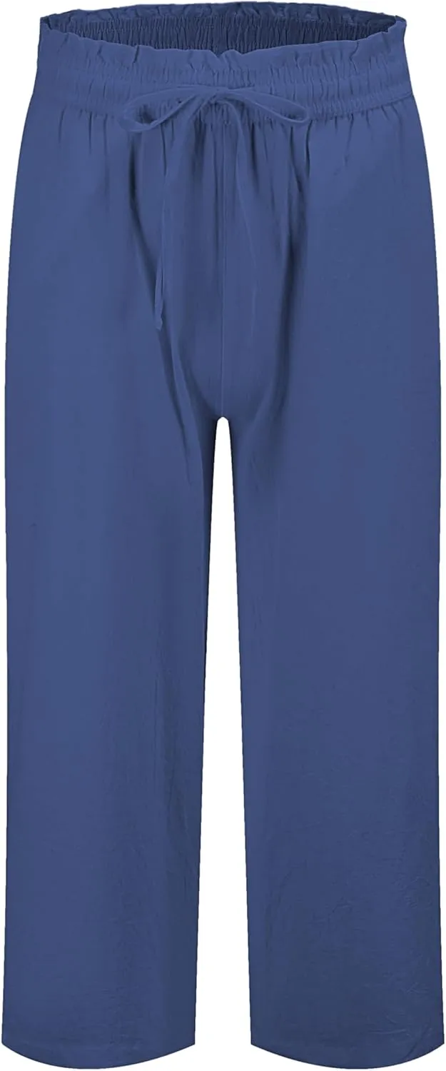 LNX Womens Linen Pants High Waisted Wide Leg Drawstring Casual Loose Trousers with Pockets