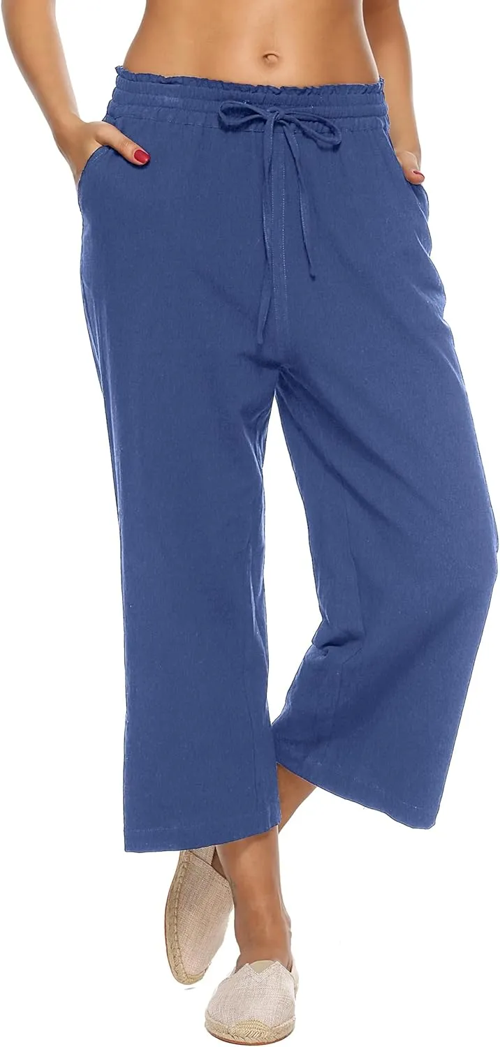 LNX Womens Linen Pants High Waisted Wide Leg Drawstring Casual Loose Trousers with Pockets