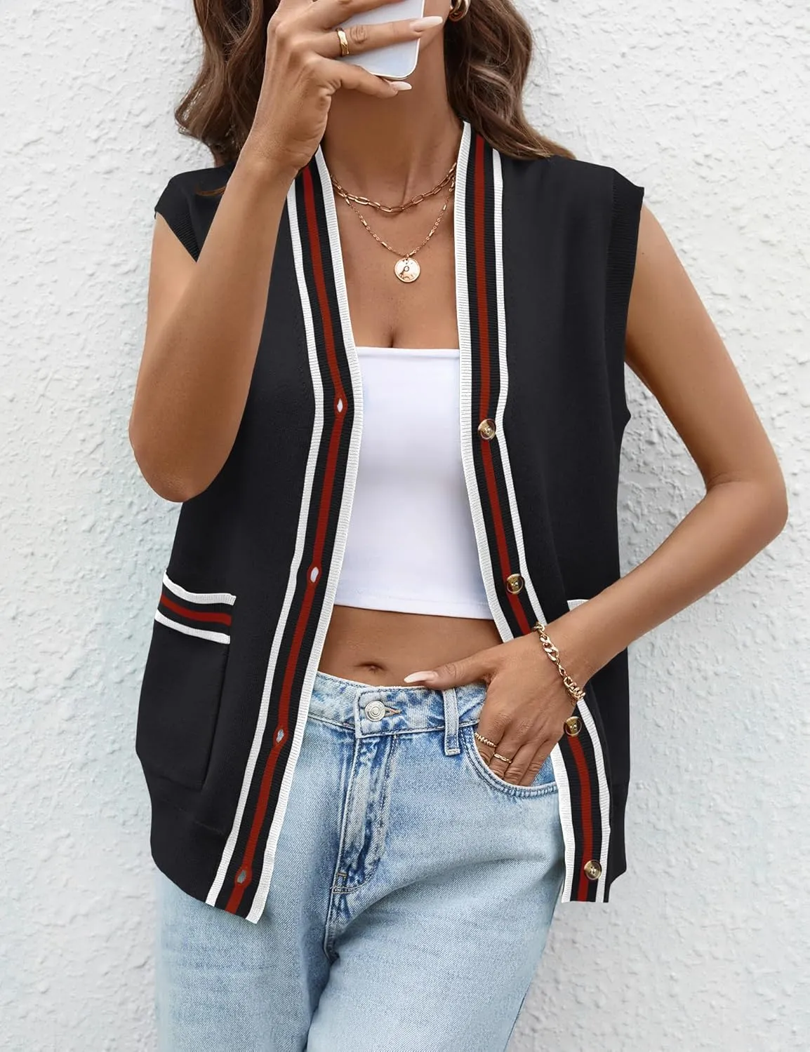 LOMON Sweater Vest Women 2025 Cap Sleeve Striped V Neck Tank Tops Trendy Summer Button Down Knit Cardigan Top with Pockets