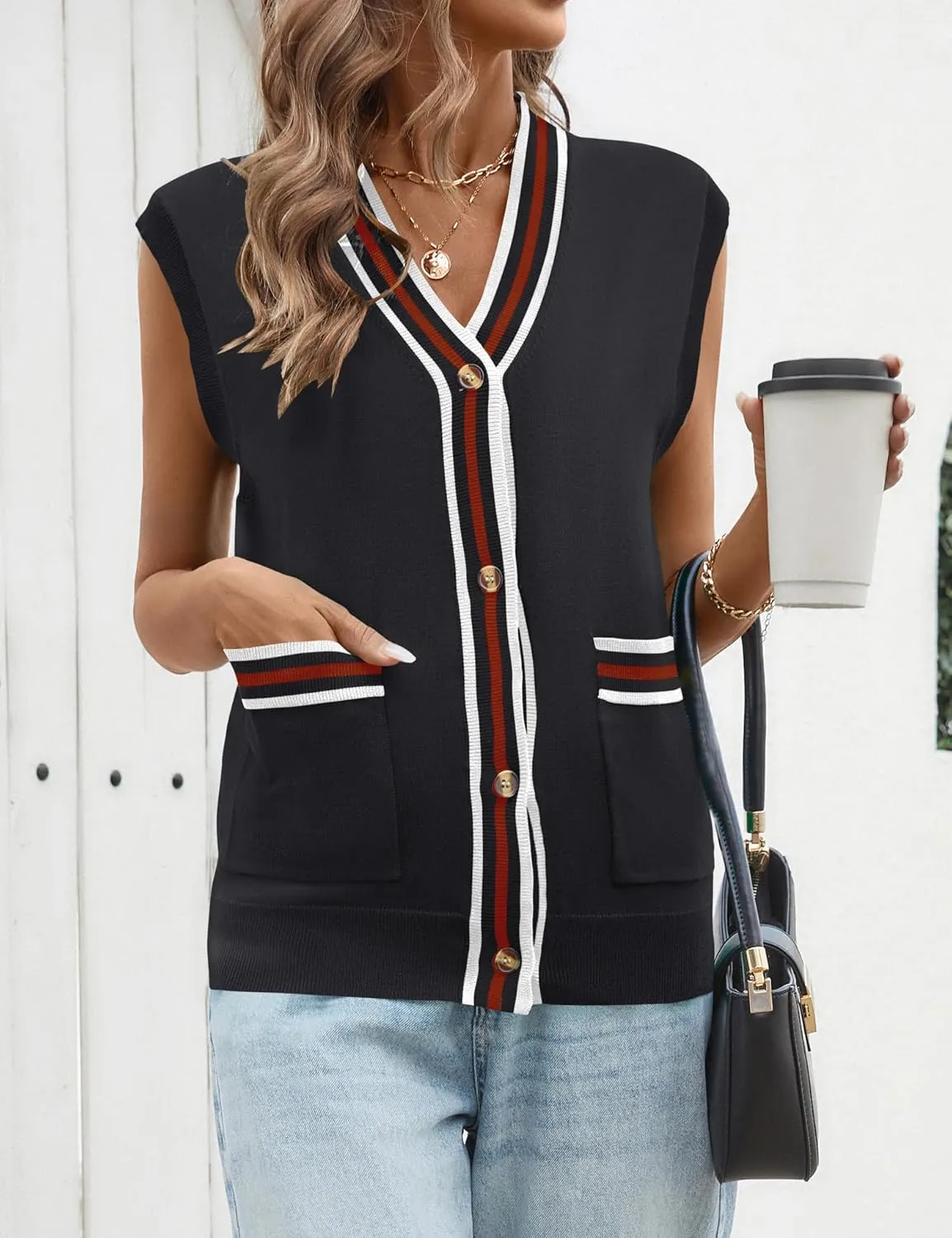 LOMON Sweater Vest Women 2025 Cap Sleeve Striped V Neck Tank Tops Trendy Summer Button Down Knit Cardigan Top with Pockets
