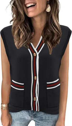 LOMON Sweater Vest Women 2025 Cap Sleeve Striped V Neck Tank Tops Trendy Summer Button Down Knit Cardigan Top with Pockets