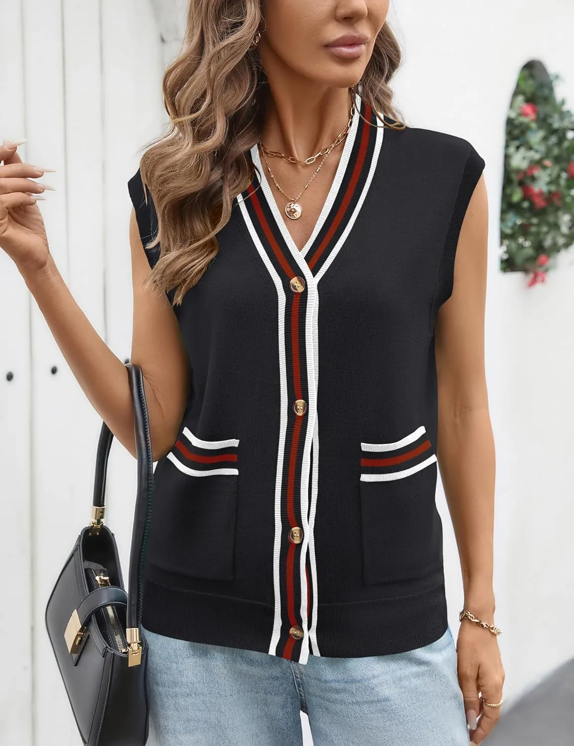 LOMON Sweater Vest Women 2025 Cap Sleeve Striped V Neck Tank Tops Trendy Summer Button Down Knit Cardigan Top with Pockets