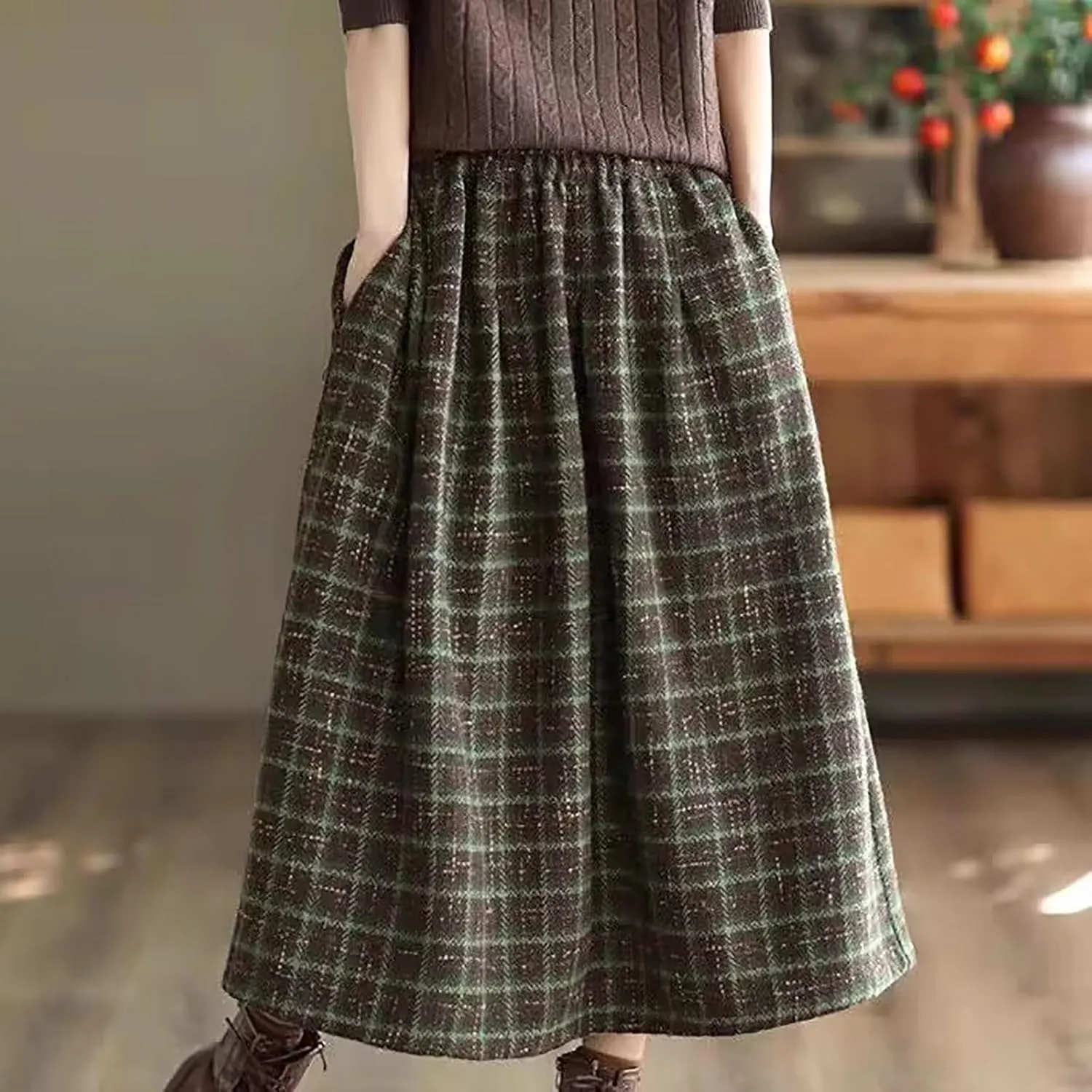 Long Plaid Wool Skirt for Women Vintage Casual High Elastic Waist A Line Flared Flowy Pleated Wool Tartan Skirts