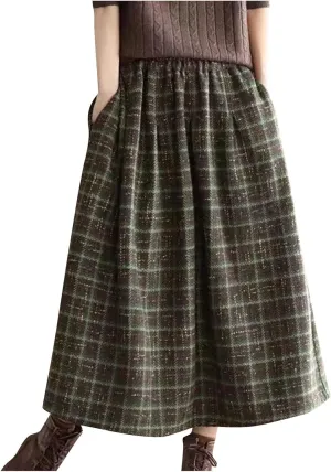 Long Plaid Wool Skirt for Women Vintage Casual High Elastic Waist A Line Flared Flowy Pleated Wool Tartan Skirts