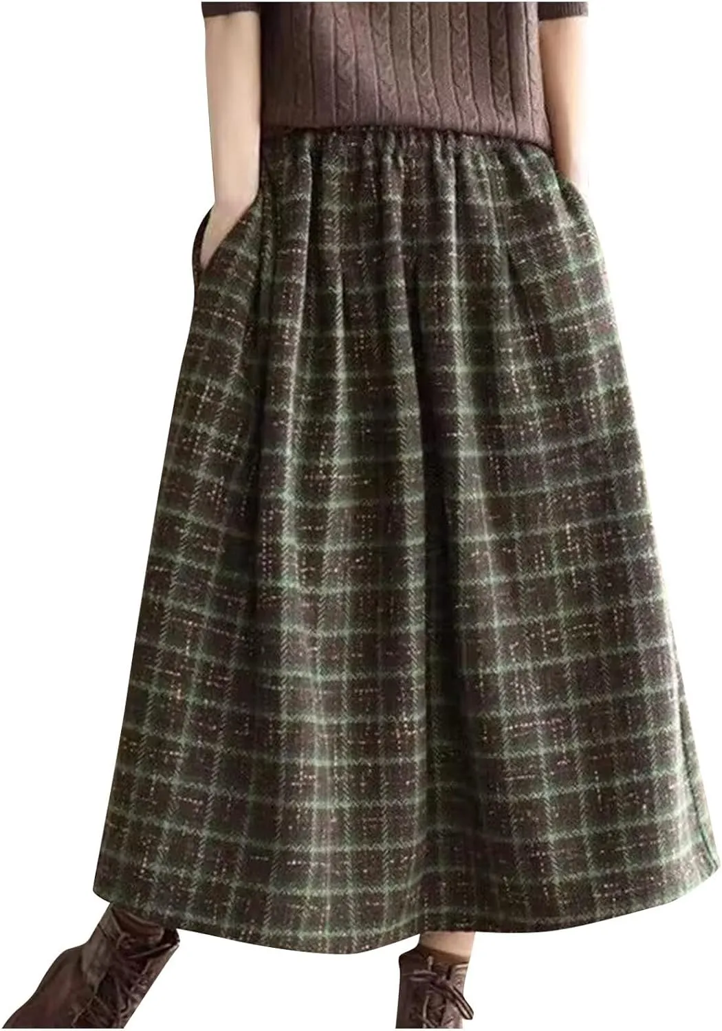 Long Plaid Wool Skirt for Women Vintage Casual High Elastic Waist A Line Flared Flowy Pleated Wool Tartan Skirts