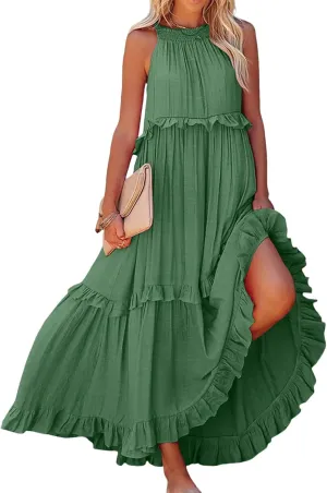 Long Summer Dresses for Women 2024 Sleeveless Halter Maxi Dress Casual Flowy Ruffle Sundress Elegant Beach Party Dress