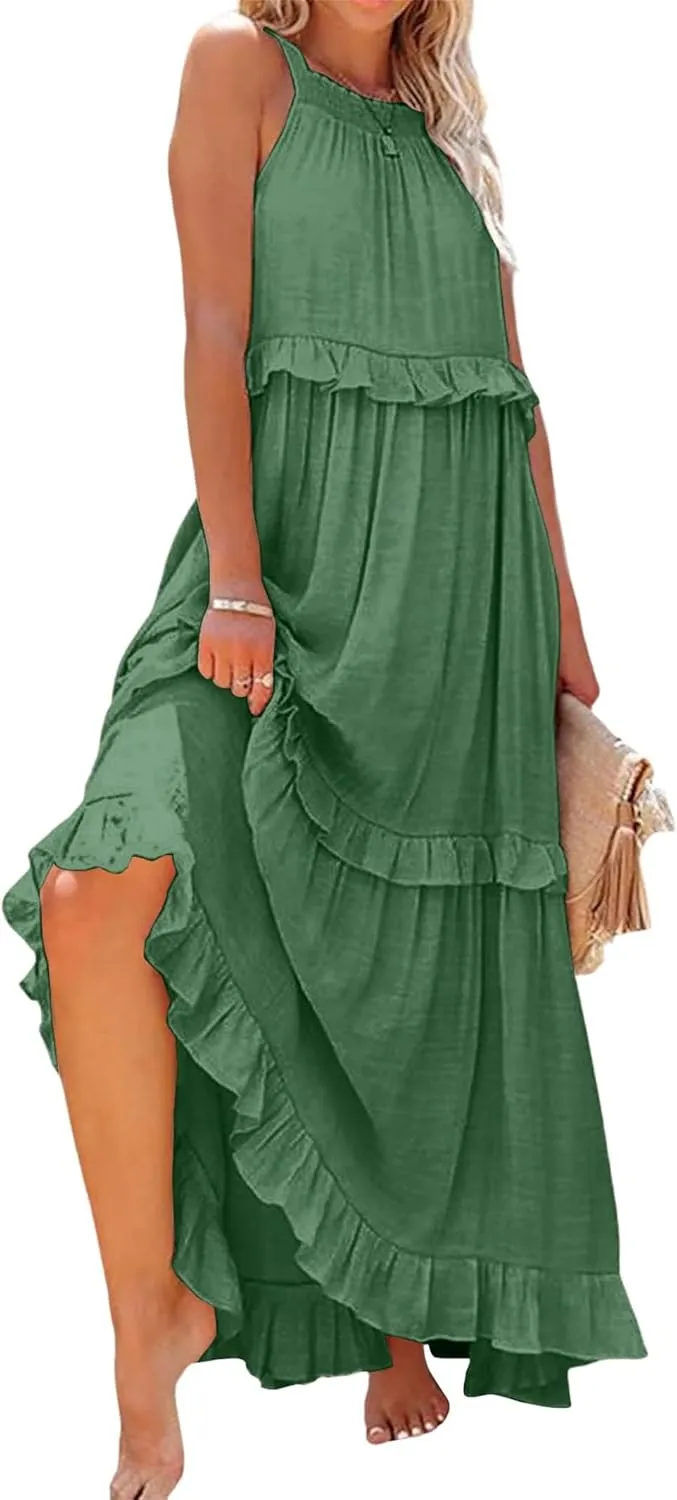 Long Summer Dresses for Women 2024 Sleeveless Halter Maxi Dress Casual Flowy Ruffle Sundress Elegant Beach Party Dress