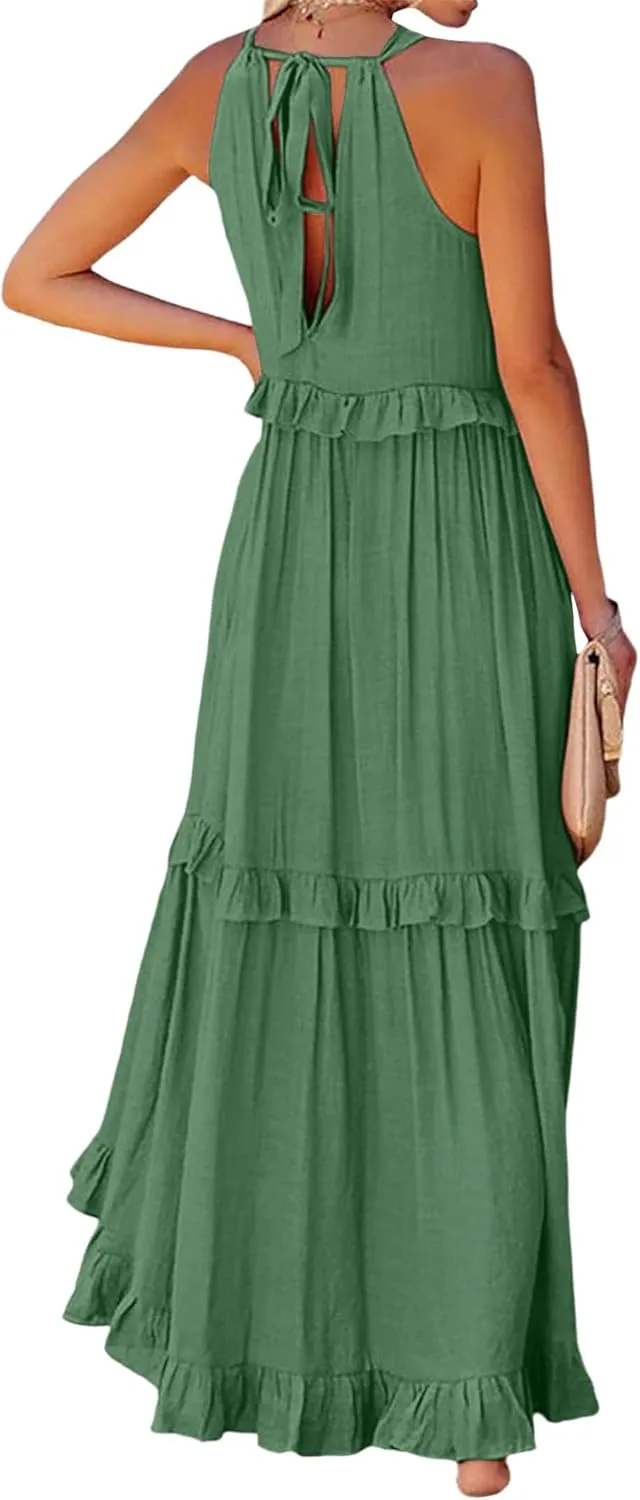 Long Summer Dresses for Women 2024 Sleeveless Halter Maxi Dress Casual Flowy Ruffle Sundress Elegant Beach Party Dress