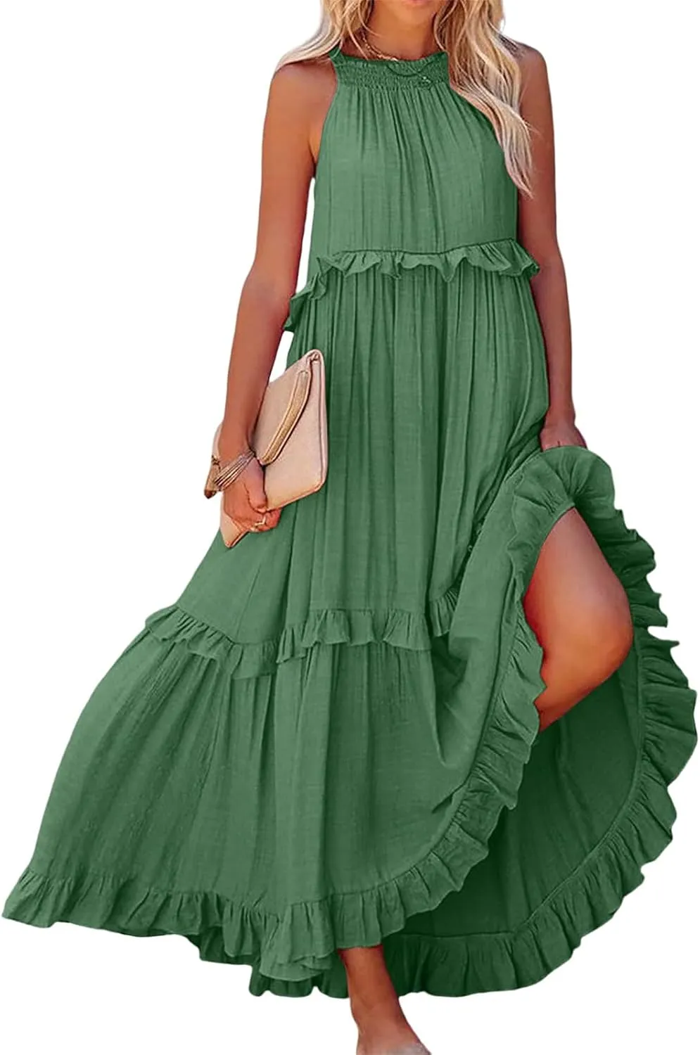 Long Summer Dresses for Women 2024 Sleeveless Halter Maxi Dress Casual Flowy Ruffle Sundress Elegant Beach Party Dress