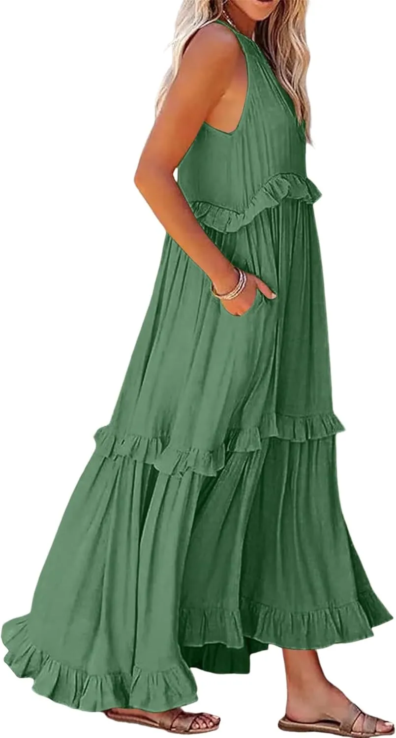 Long Summer Dresses for Women 2024 Sleeveless Halter Maxi Dress Casual Flowy Ruffle Sundress Elegant Beach Party Dress