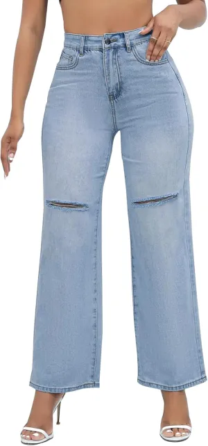LONGBIDA Womens High Waist Ripped Straight Wide Leg Baggy Jeans Y2k Boyfriend Distressed Loose Denim Pants