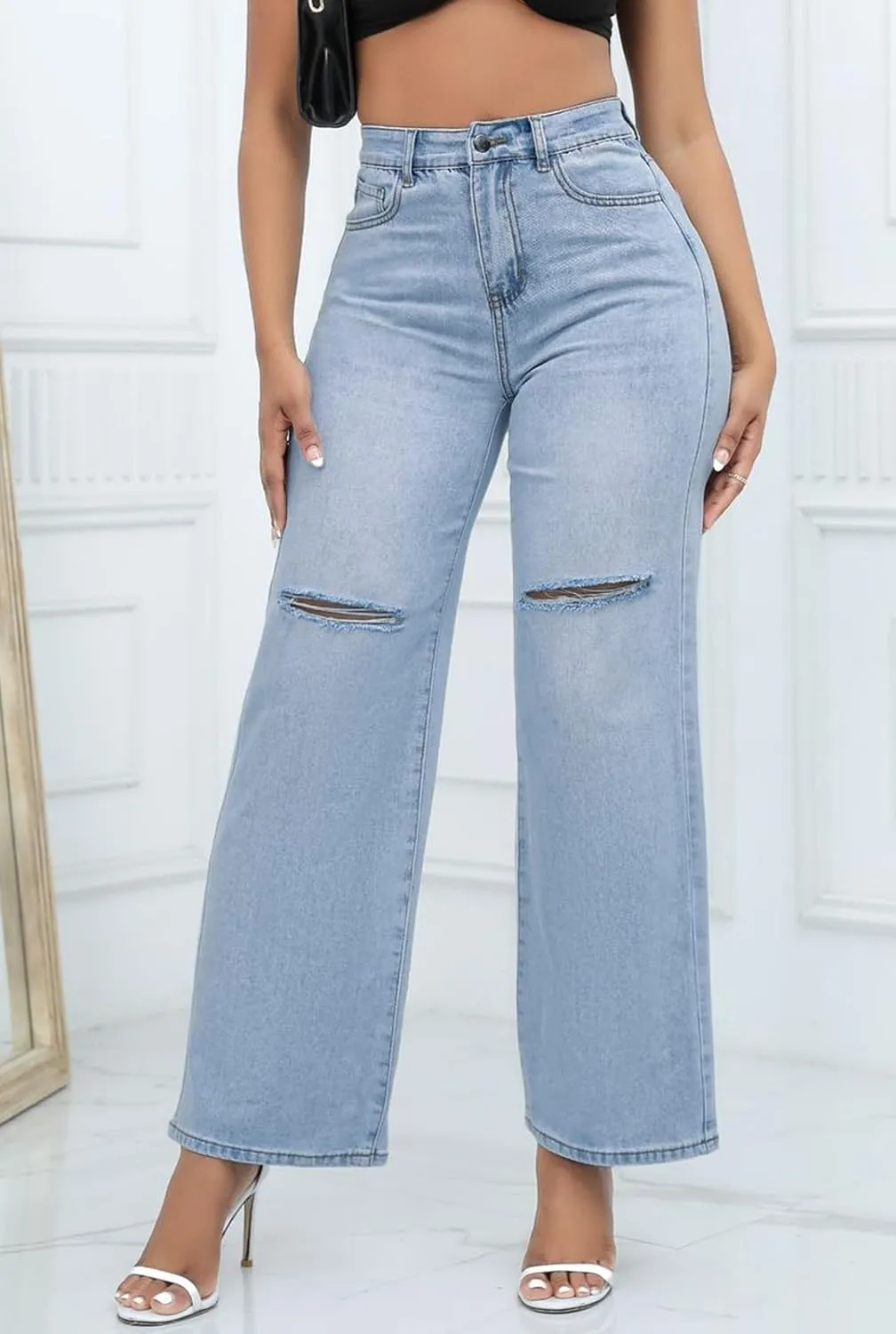 LONGBIDA Womens High Waist Ripped Straight Wide Leg Baggy Jeans Y2k Boyfriend Distressed Loose Denim Pants