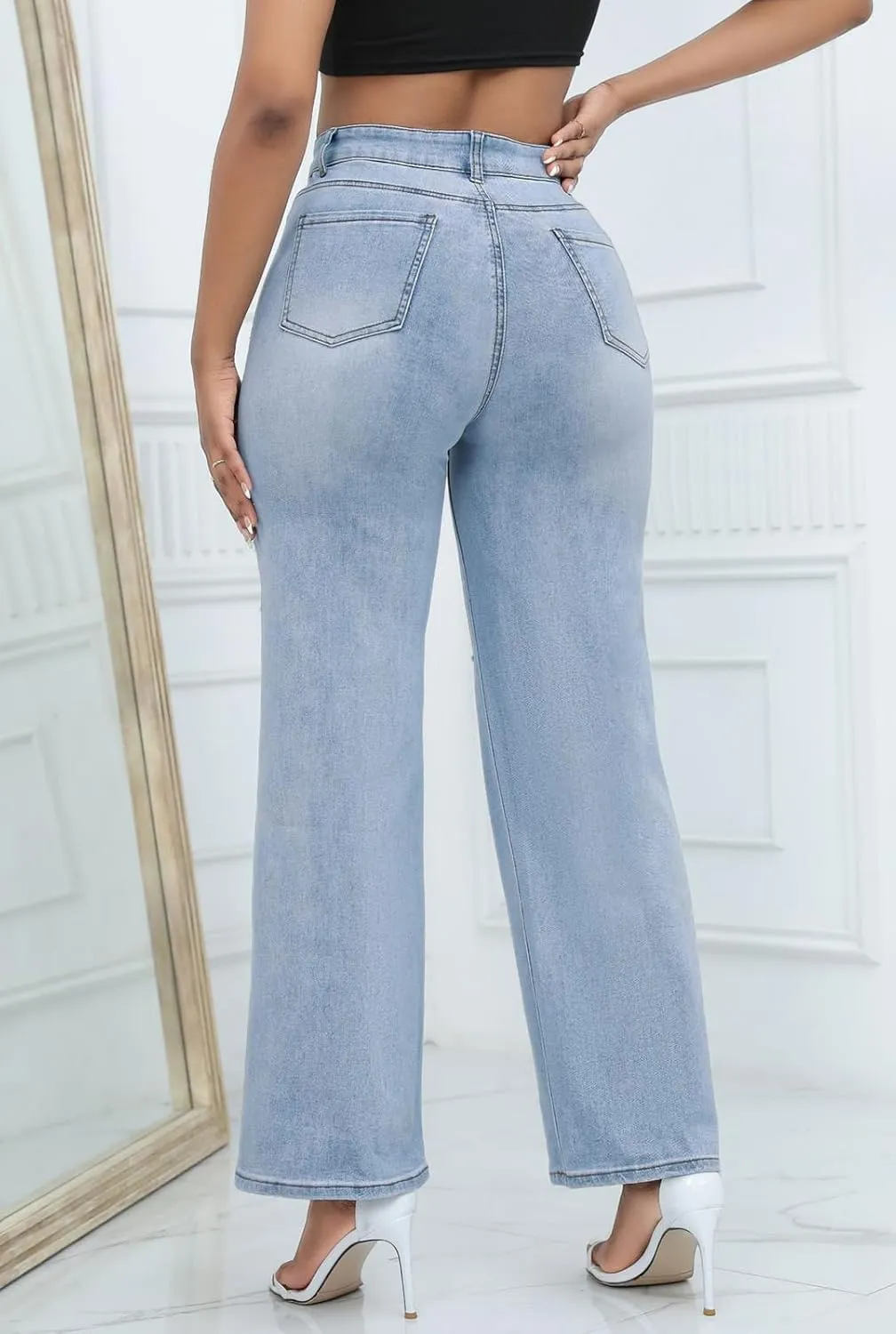 LONGBIDA Womens High Waist Ripped Straight Wide Leg Baggy Jeans Y2k Boyfriend Distressed Loose Denim Pants