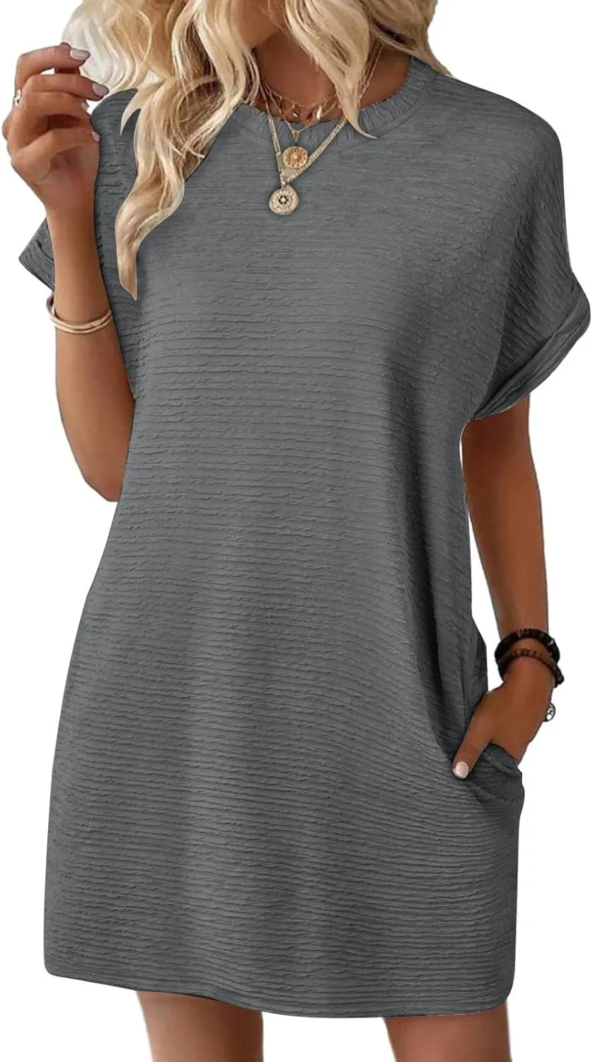 Loose Dress for Women Short Sleeve Crew Neck Smooth Elegant Chiffon Mini Crop Dresses Summer Beach Dress 2025