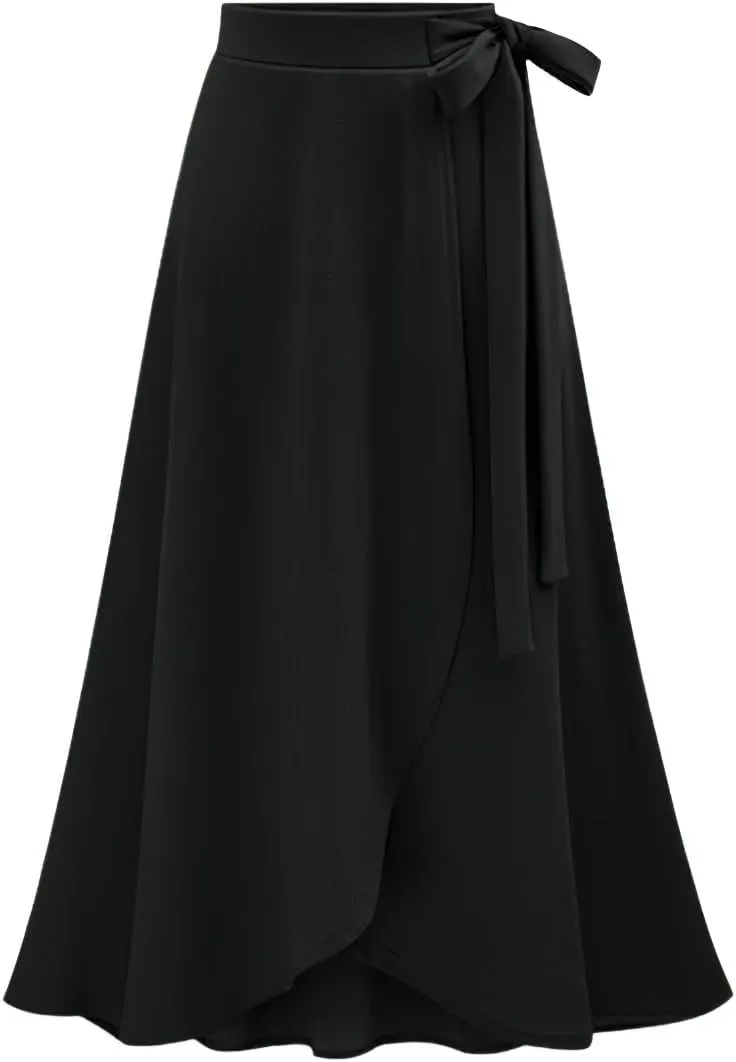 loveimgs Women's Fall Elastic High Waist Pleated Belted Midi Skirt Split Irregular Ruffle Hem Wrap Skirt