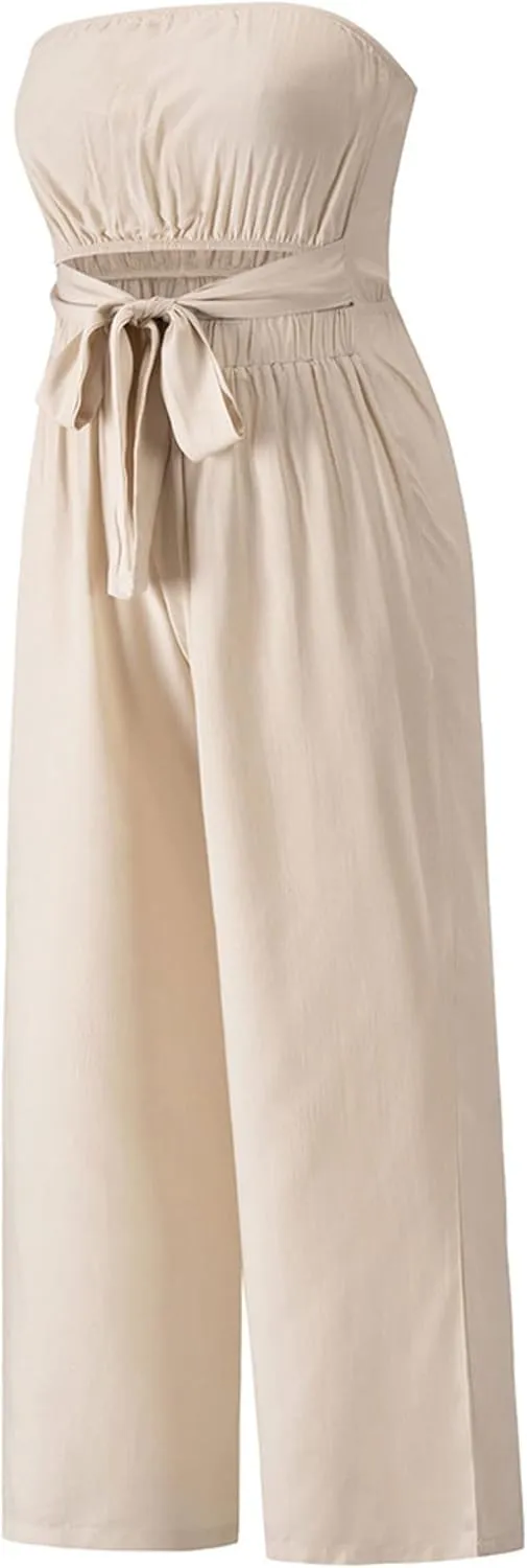 loveimgs Women's Strapless Bandeau Tube Wide Leg Jumpsuit One Piece Cutout Tie Knot Romper Outfit
