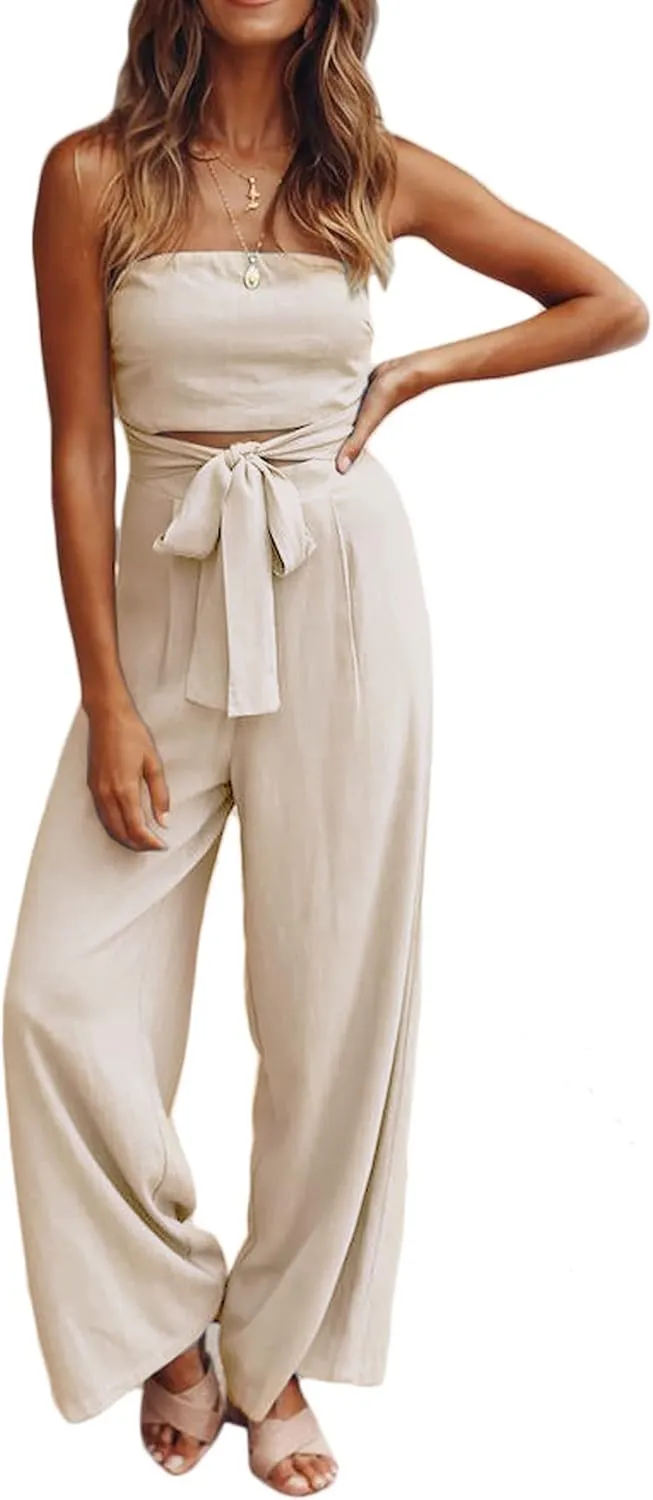 loveimgs Women's Strapless Bandeau Tube Wide Leg Jumpsuit One Piece Cutout Tie Knot Romper Outfit