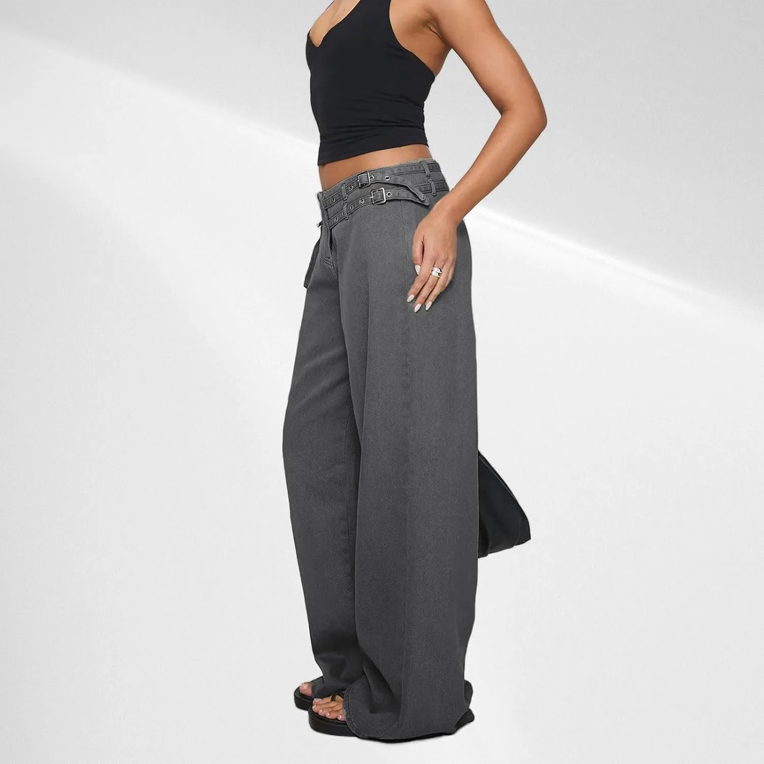 Low Rise Baggy Pants for Women Adjustable Waisted Wide Leg Denim Pants Vintage Straight Loose Jean Trousers