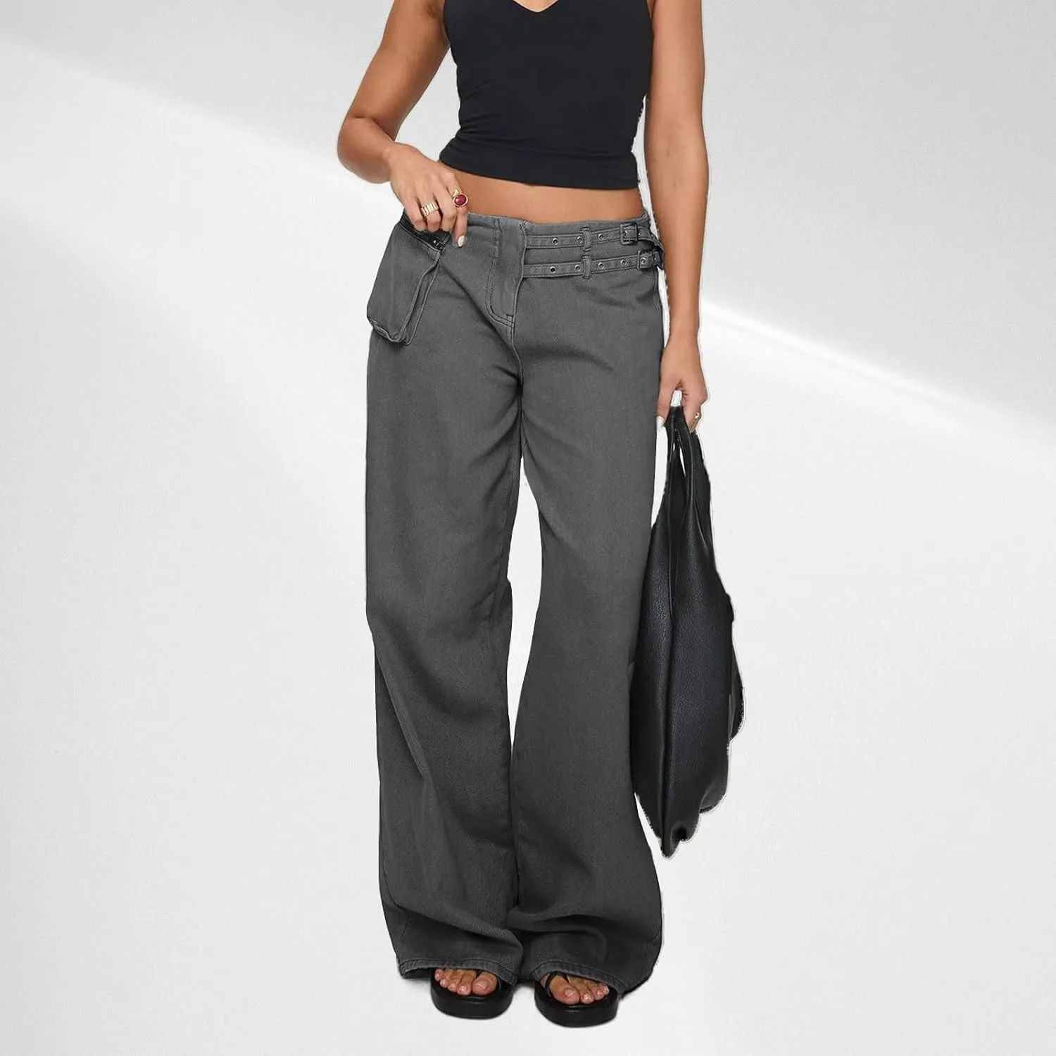 Low Rise Baggy Pants for Women Adjustable Waisted Wide Leg Denim Pants Vintage Straight Loose Jean Trousers