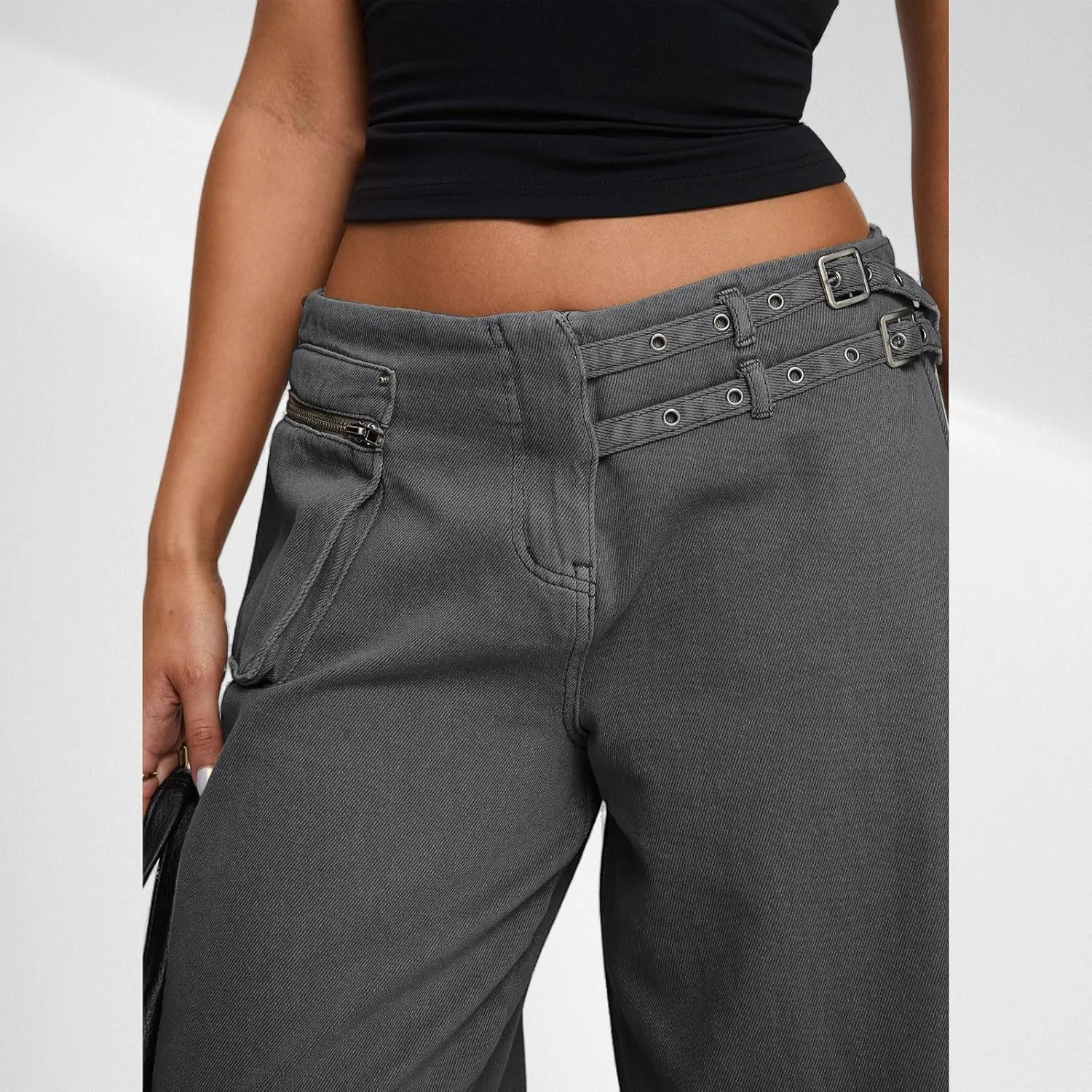 Low Rise Baggy Pants for Women Adjustable Waisted Wide Leg Denim Pants Vintage Straight Loose Jean Trousers