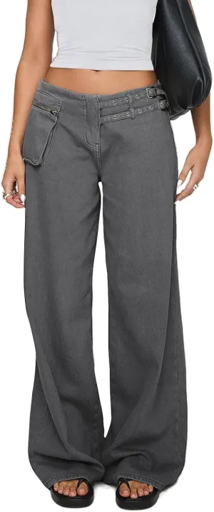 Low Rise Baggy Pants for Women Adjustable Waisted Wide Leg Denim Pants Vintage Straight Loose Jean Trousers