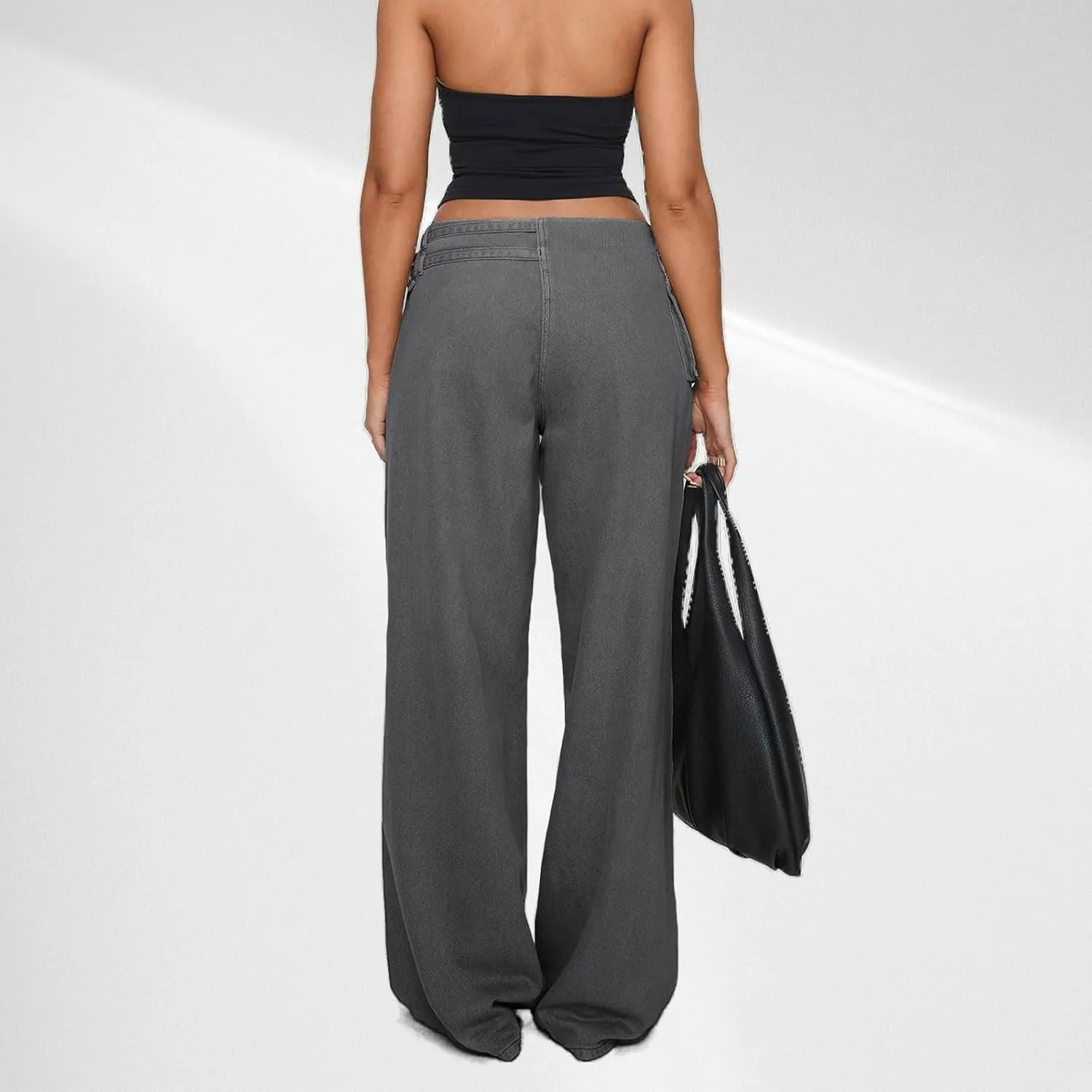 Low Rise Baggy Pants for Women Adjustable Waisted Wide Leg Denim Pants Vintage Straight Loose Jean Trousers