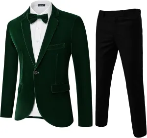 MAGE MALE Men's 2 Piece Velvet Suit Solid Color One Button Slim Fit Tuxedo Blazer Party Dinner Jacket & Pants