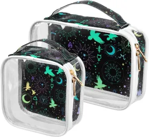 Magical-alchemical-symbols 2 Pack Clear Toiletry Bag Women Men, Portable Waterproof Clear Pouch, Cosmetic Bag with Double Zippers Large Opening Traveling with Handle for Bathroom Traveling Vacation Or