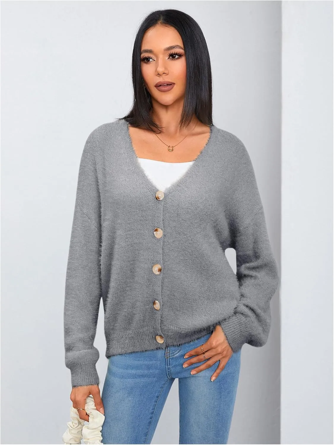 MakeMeChic Women's Fuzzy Cardigan Long Sleeve V Neck Button Down Loose Cardigan Sweater