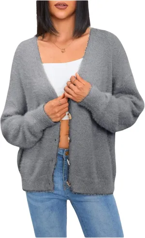 MakeMeChic Women's Fuzzy Cardigan Long Sleeve V Neck Button Down Loose Cardigan Sweater