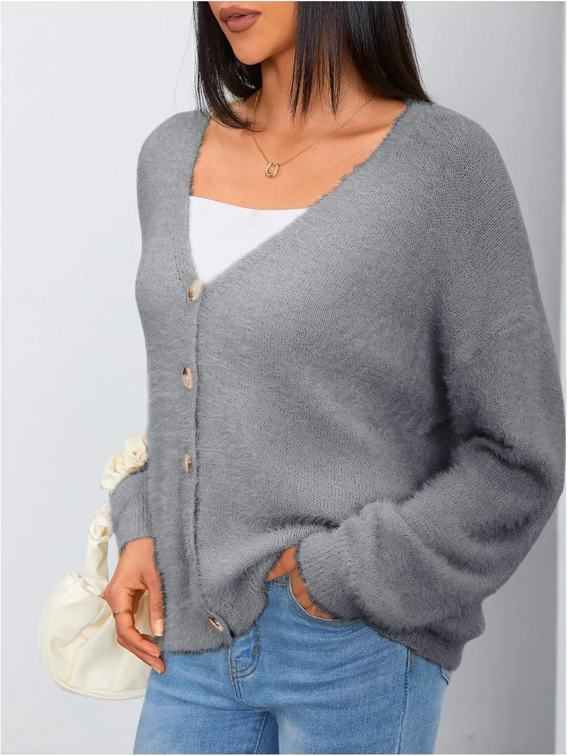 MakeMeChic Women's Fuzzy Cardigan Long Sleeve V Neck Button Down Loose Cardigan Sweater