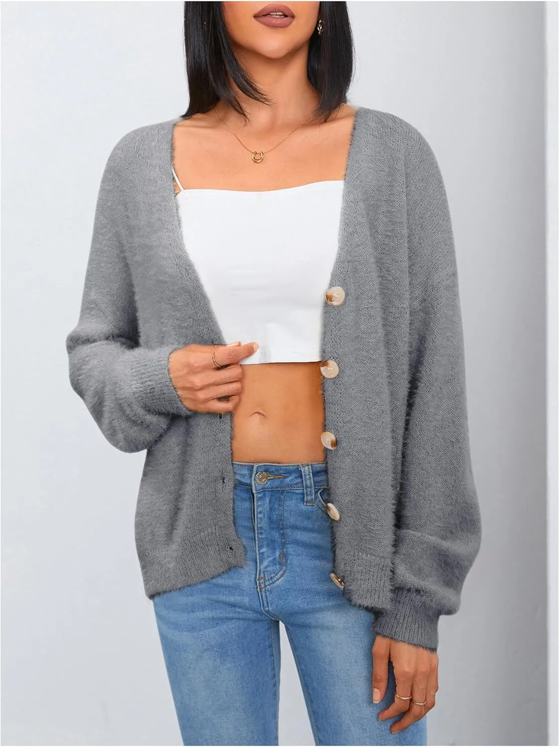 MakeMeChic Women's Fuzzy Cardigan Long Sleeve V Neck Button Down Loose Cardigan Sweater