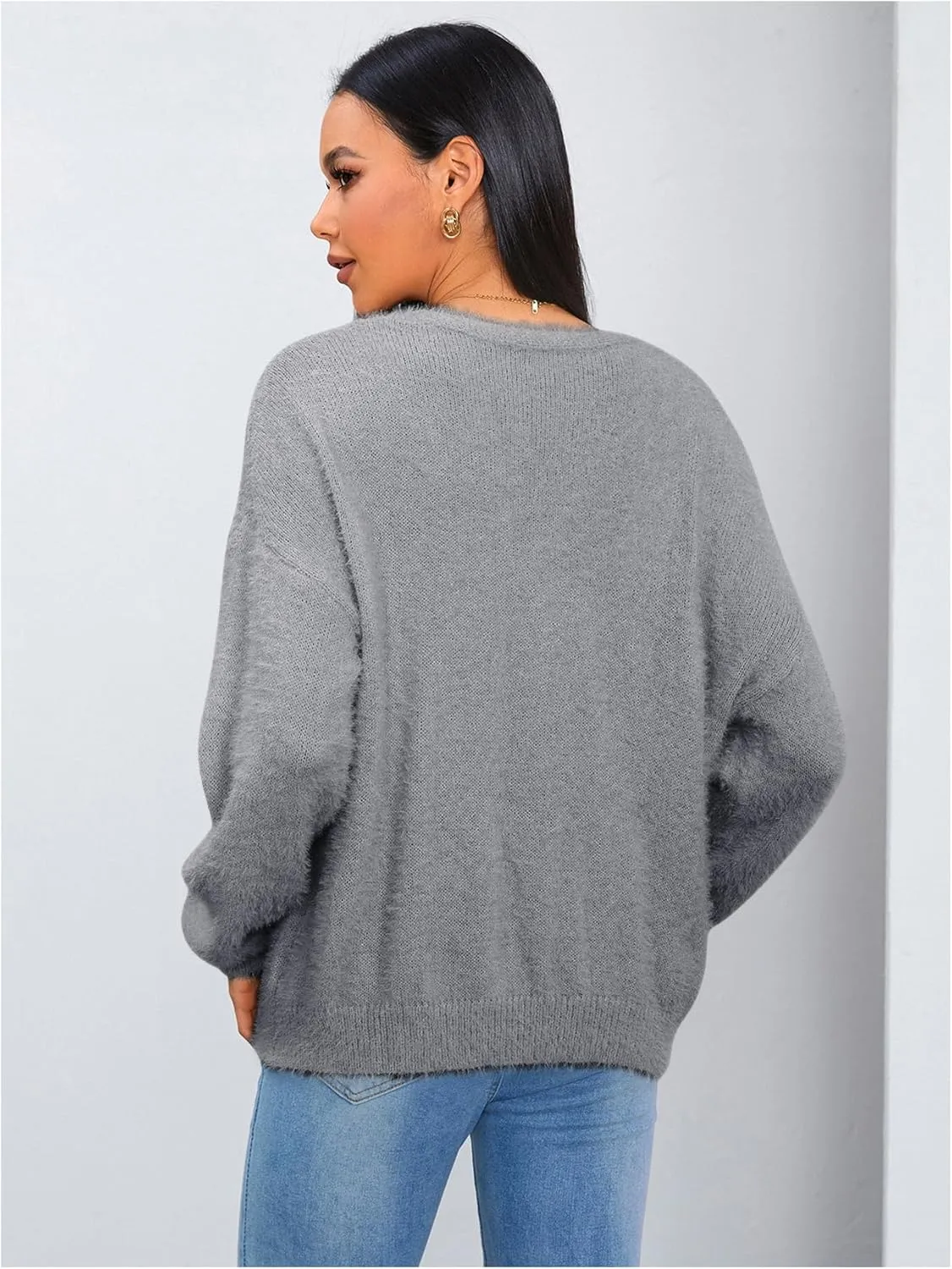 MakeMeChic Women's Fuzzy Cardigan Long Sleeve V Neck Button Down Loose Cardigan Sweater