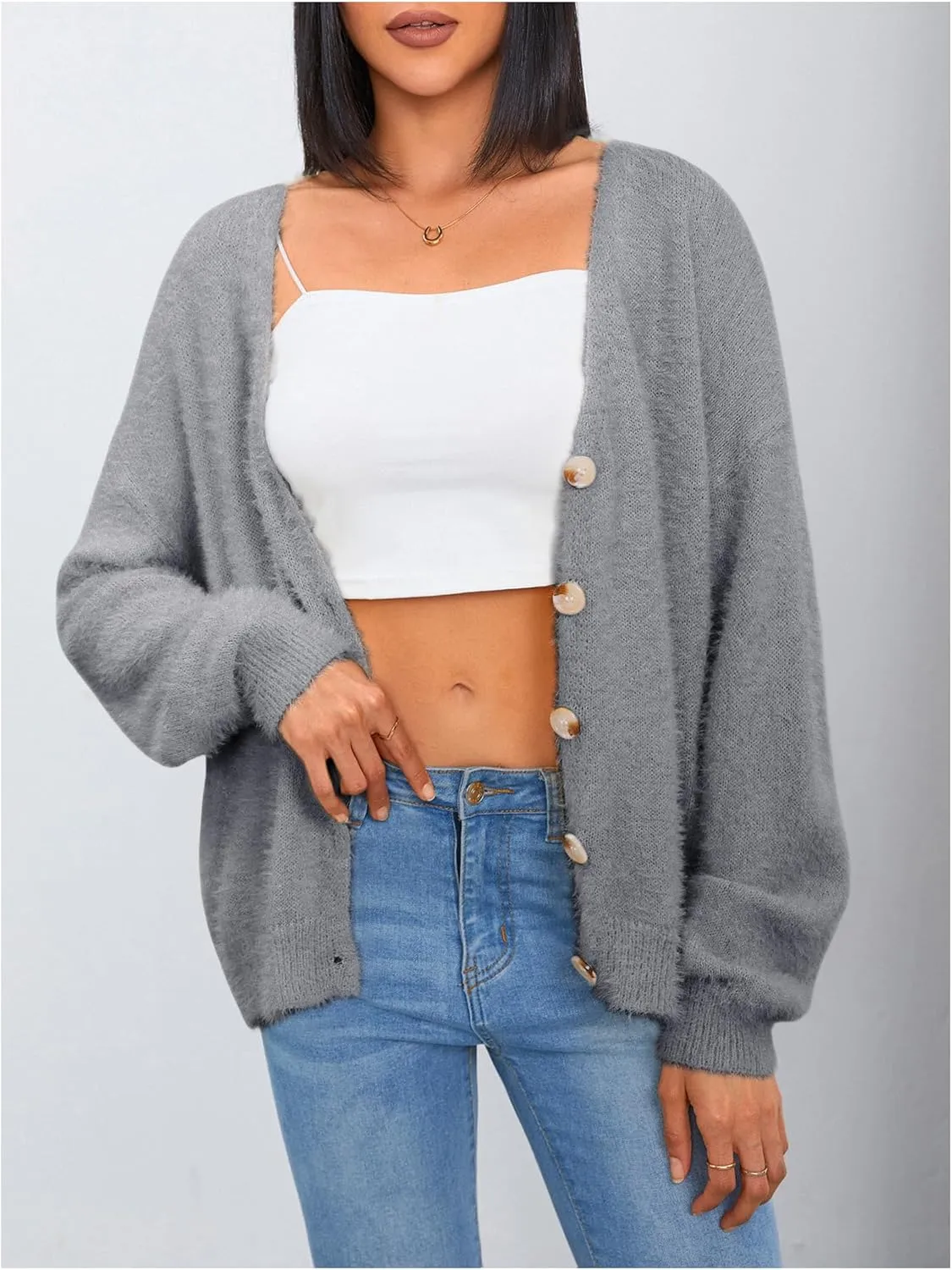 MakeMeChic Women's Fuzzy Cardigan Long Sleeve V Neck Button Down Loose Cardigan Sweater