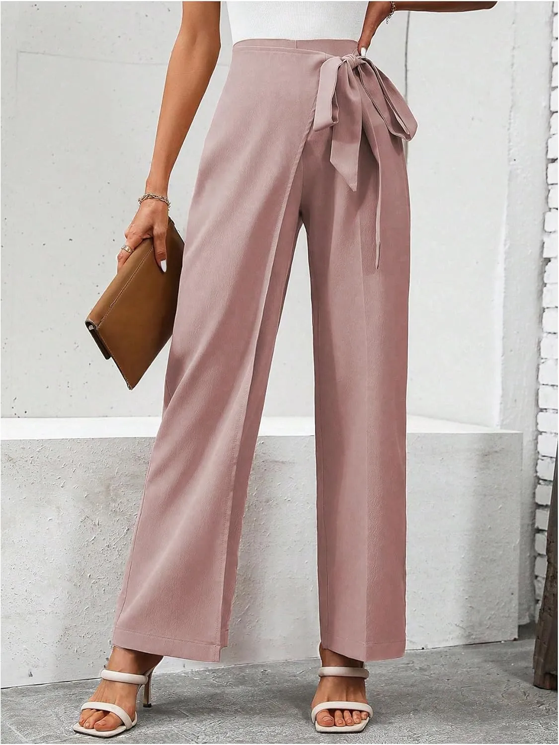 MakeMeChic Women's High Waist Trousers Straight Leg Bow Knot Work Office Suit Pants