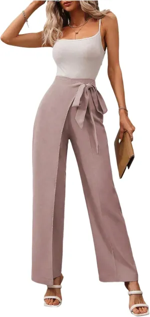 MakeMeChic Women's High Waist Trousers Straight Leg Bow Knot Work Office Suit Pants