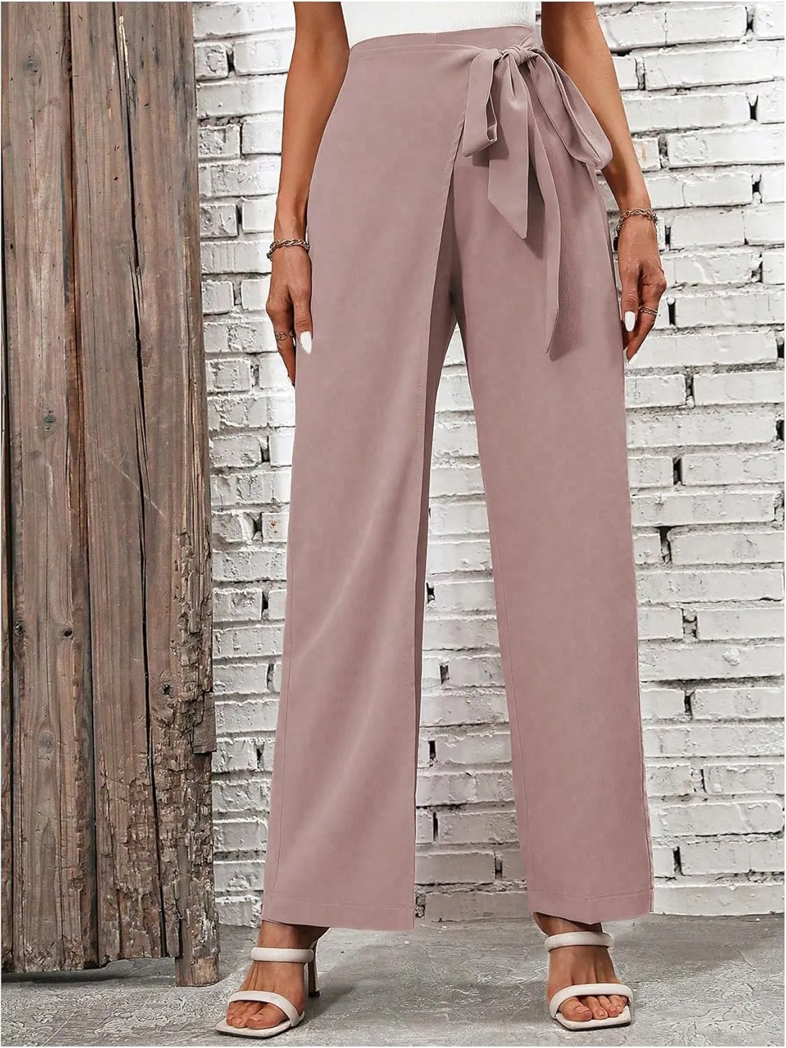 MakeMeChic Women's High Waist Trousers Straight Leg Bow Knot Work Office Suit Pants