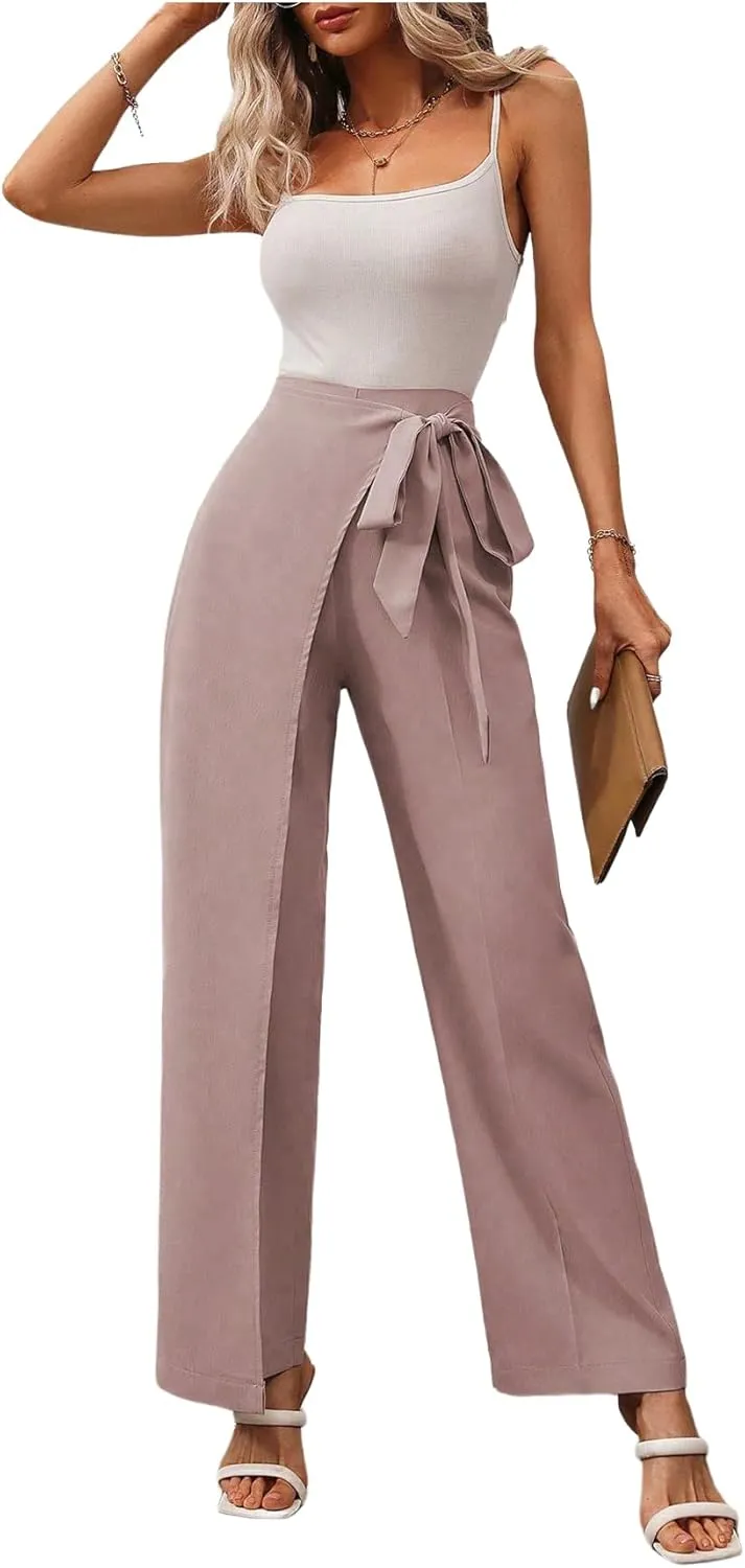 MakeMeChic Women's High Waist Trousers Straight Leg Bow Knot Work Office Suit Pants