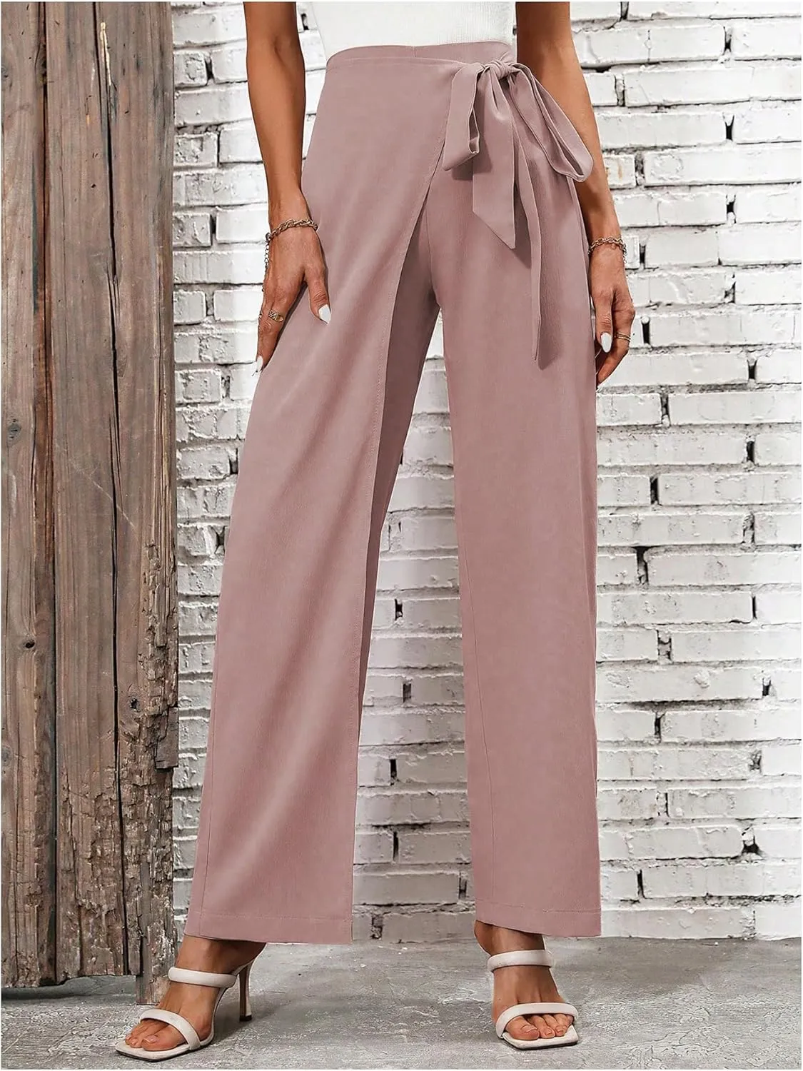 MakeMeChic Women's High Waist Trousers Straight Leg Bow Knot Work Office Suit Pants