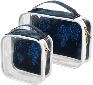 Map--dark-background 2 Pack Clear Toiletry Bag Women Men, Portable Waterproof Clear Pouch, Cosmetic Bag with Double Zippers Large Opening Traveling with Handle for Bathroom Traveling Vacation Organizi