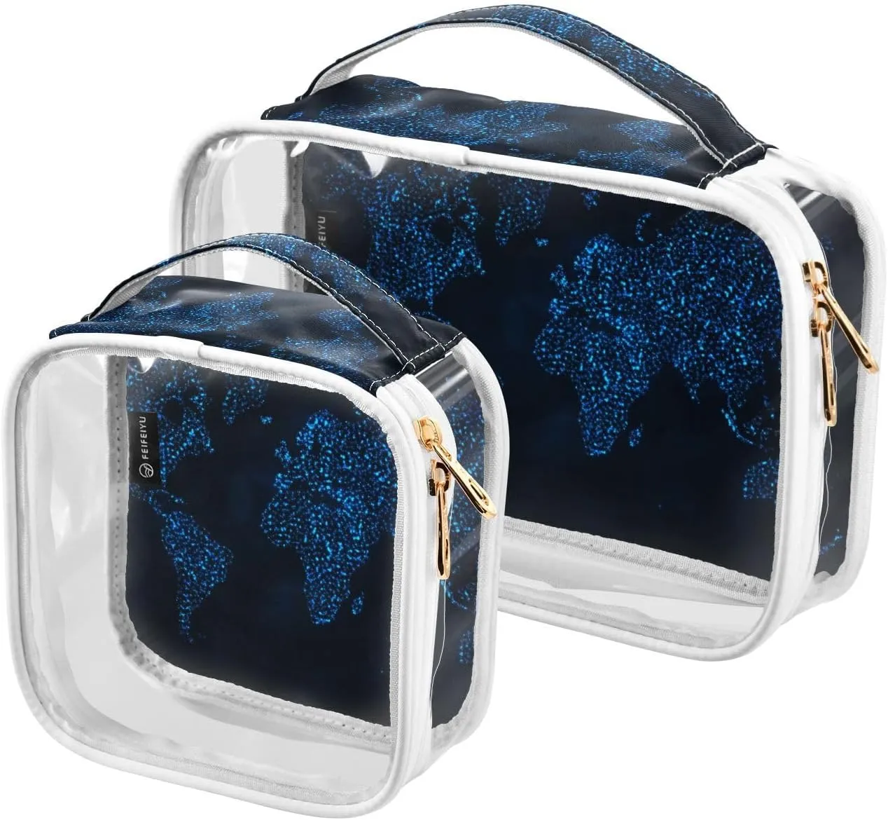 Map--dark-background 2 Pack Clear Toiletry Bag Women Men, Portable Waterproof Clear Pouch, Cosmetic Bag with Double Zippers Large Opening Traveling with Handle for Bathroom Traveling Vacation Organizi