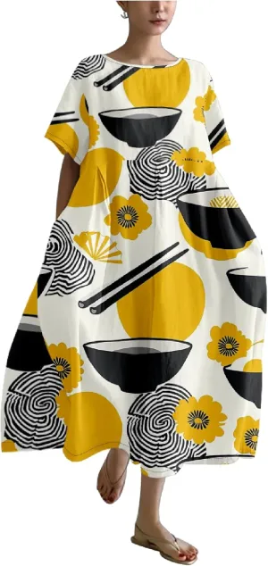 MARSVOVO Novelty Japanese Art Style Print Dress for Women Plus Size Short Sleeve Crewneck A-line Women Dress