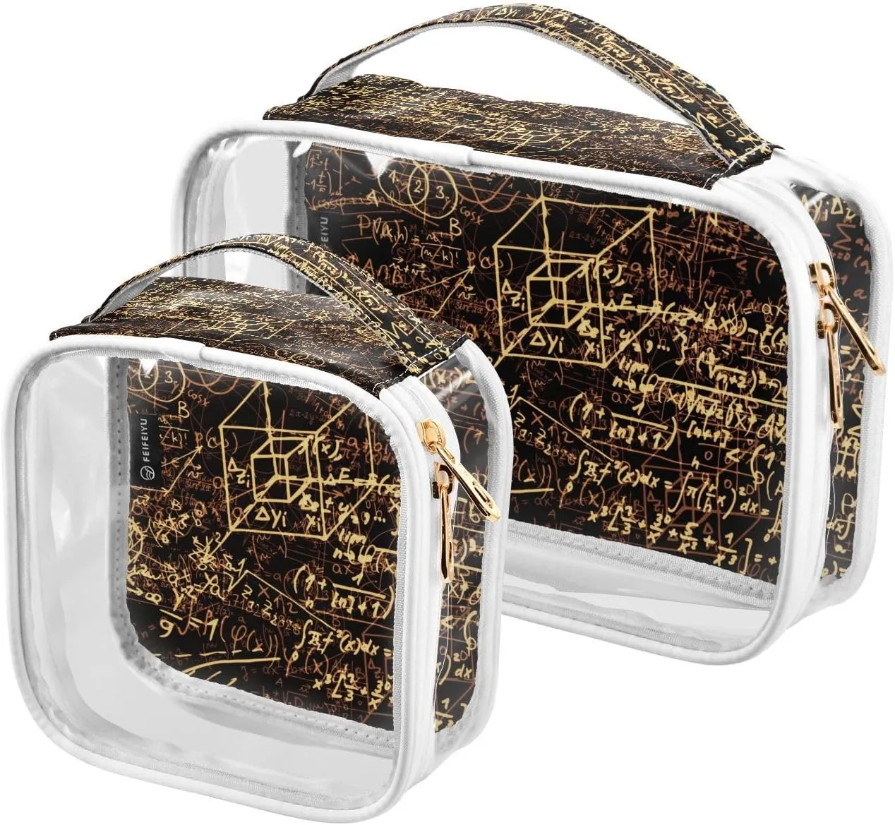 Mathematical-formulas Print 2 Pack Clear Toiletry Bag Women Men, Portable Waterproof Clear Pouch, Cosmetic Bag with Double Zippers Large Opening Traveling with Handle for Bathroom Traveling Vacation O
