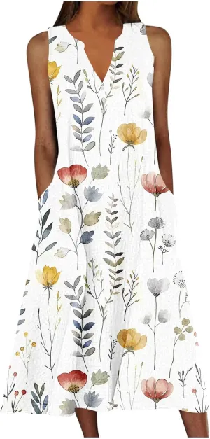 Maxi Dress for Women Plus Size Summer Floral Sleeveless V Neck Sundress Beach Vacation Long Tank Dress with Pockets