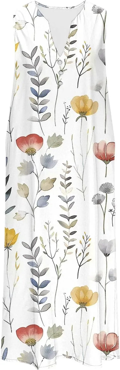 Maxi Dress for Women Plus Size Summer Floral Sleeveless V Neck Sundress Beach Vacation Long Tank Dress with Pockets